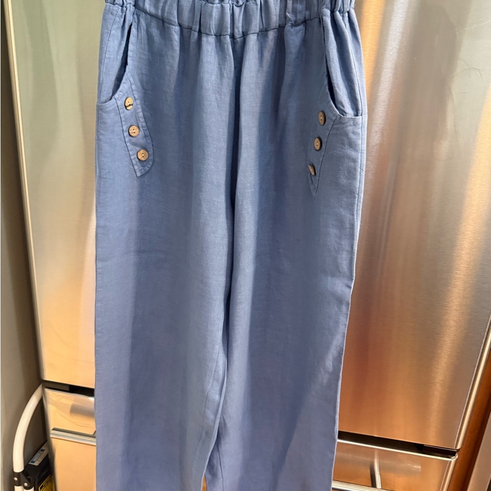 Kaktus Light Blue linen pants with Button Detail